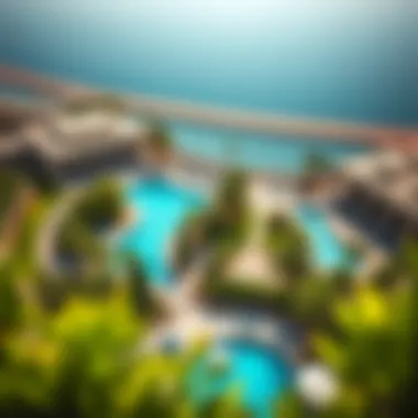 Exquisite Landscaping at Bulgari Resort Aerial perspective of Bulgari Resort's exquisite landscaping and pools