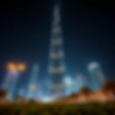 Night illumination of Burj Khalifa, reflecting its grandeur and architectural brilliance.