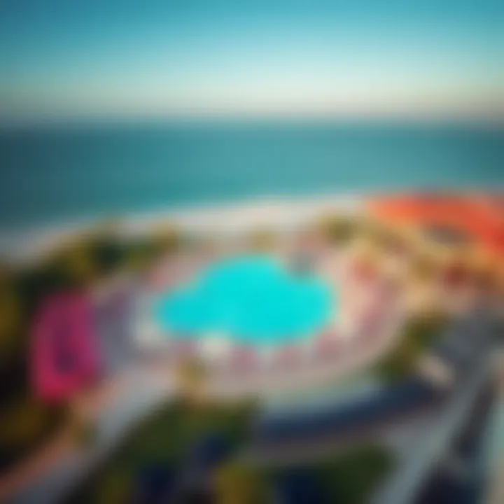 An aerial view of the vibrant beach club, highlighting the exclusive facilities and lush surroundings.