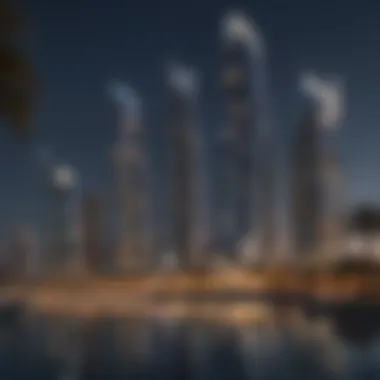 Evening View of Damac Lagons Evening view of Damac Lagons with illuminated buildings reflecting in the water
