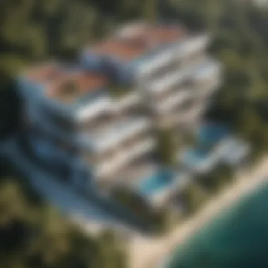 Aerial Perspective of Bay Villas Stunning aerial view of Bay Villas showcasing modern architecture and lush surroundings