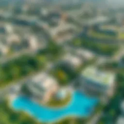 Aerial view of District 1 showcasing the lush green landscapes and contemporary architecture of MBR City.