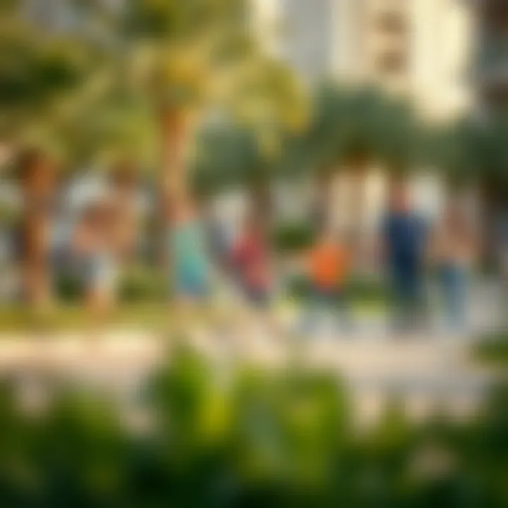 Vibrant community life in District One with families enjoying outdoor activities