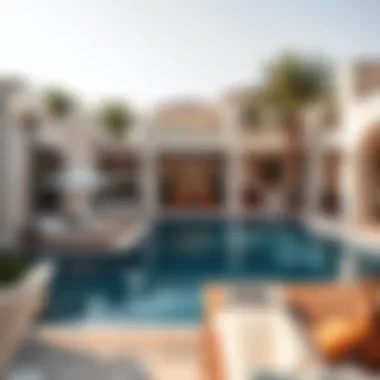 Lavish outdoor pool area in an Elysian mansion, ideal for relaxation and entertainment