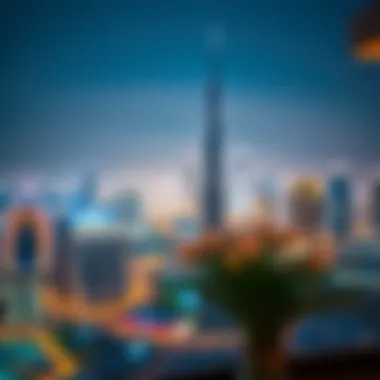 Breathtaking skyline view from a balcony of an Elysian mansion, highlighting Dubai's vibrant cityscape