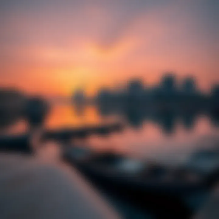 Breathtaking sunset over the Jumeirah Canal reflecting the skyline of Dubai