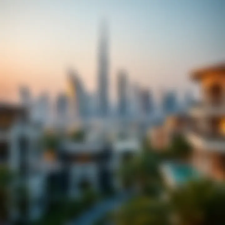 Vibrant Dubai skyline in the backdrop of luxury villas