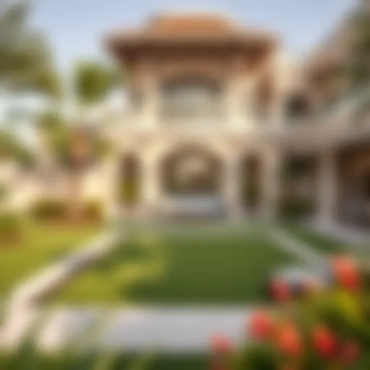 Beautiful garden landscape surrounding a luxury villa in Dubai, highlighting outdoor living spaces