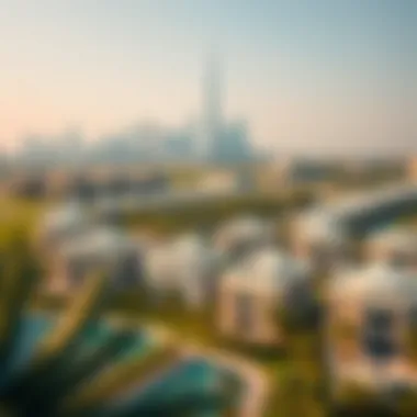 Aerial view of Dubai skyline with Meydan villas in the foreground
