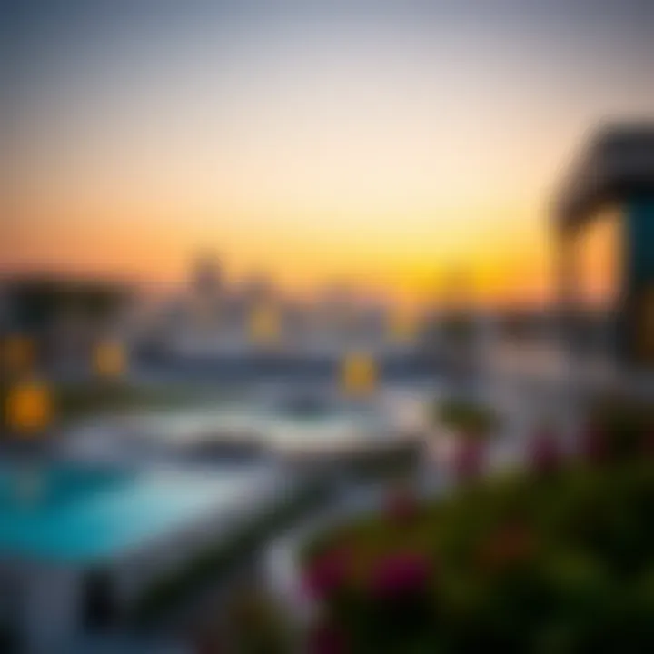 A picturesque view of the Meydan skyline at sunset