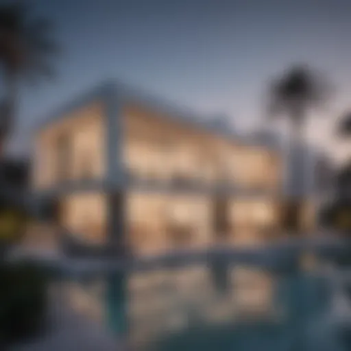 A stunning contemporary villa showcasing geometric architecture and expansive glass facades.