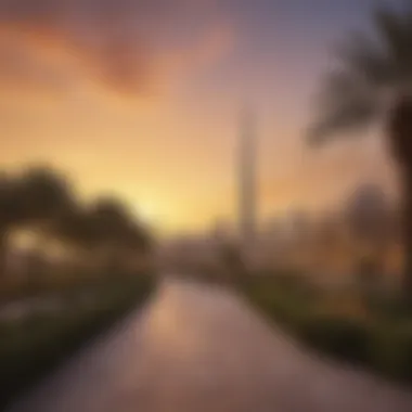Tranquil Sunset Views in Dubai Parks Stunning sunset over a Dubai park, blending tranquility and urban life