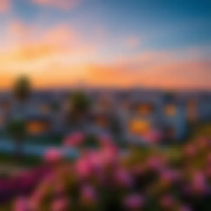 Panoramic view of Palm Jumeirah at sunset highlighting villa architecture