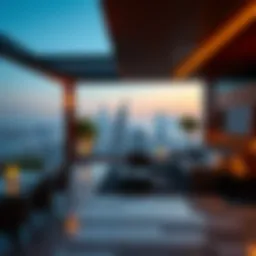 Stunning view of a luxurious penthouse club terrace overlooking Dubai skyline