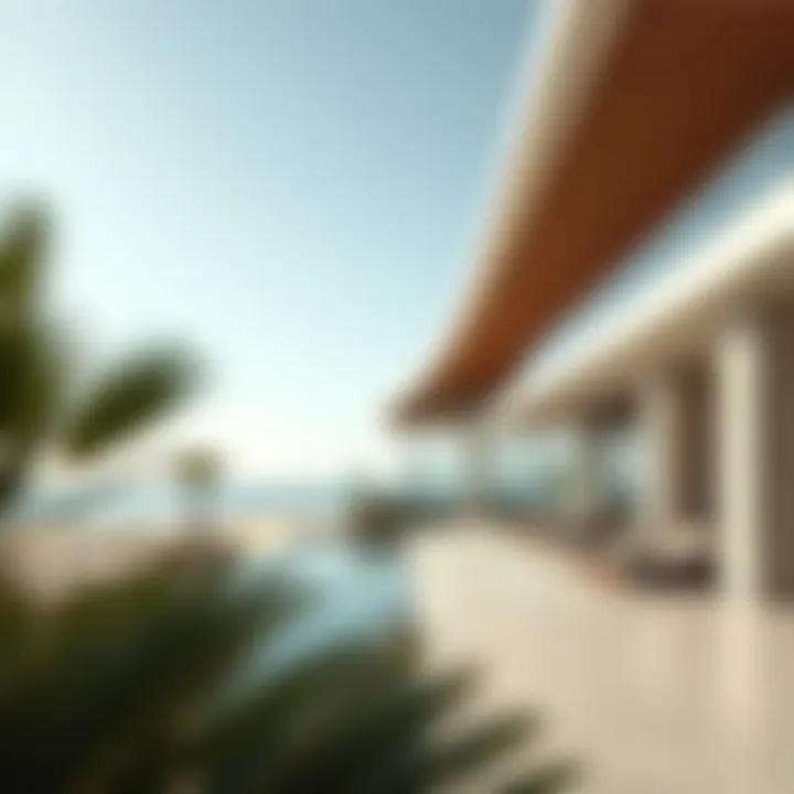 Architectural details of a modern beach villa with expansive terraces