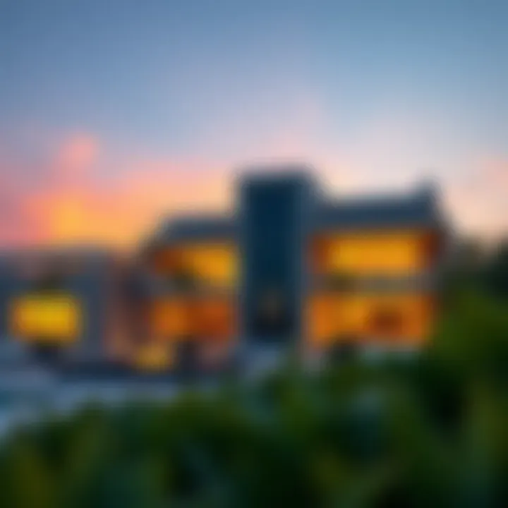 Architectural Elegance at Dusk Modern architecture of a villa on Palm Jumeirah with a picturesque sunset