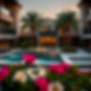 Community amenities surrounding polo townhouses, including a pool and landscaped gardens