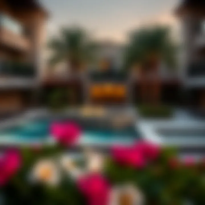 Community amenities surrounding polo townhouses, including a pool and landscaped gardens