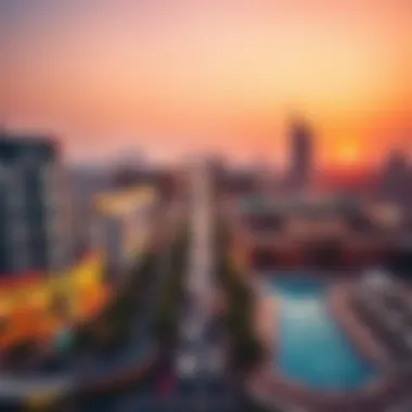 Aerial view showcasing the vibrant Deira district at sunset