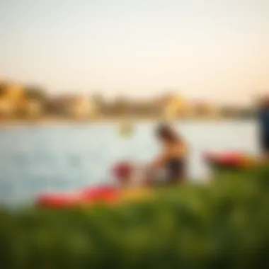 Family enjoying leisure activities by the lagoon