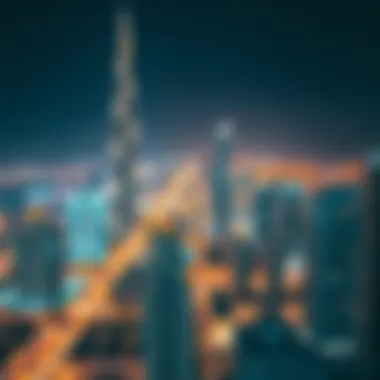 Illuminated Dubai at Night Night view of Dubai cityscape illuminated from Burj Khalifa