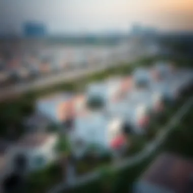 Aerial view of a vibrant neighborhood with town houses