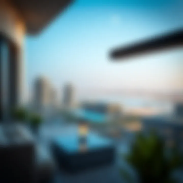 Scenic view from a two-bedroom villa balcony overlooking Dubai skyline