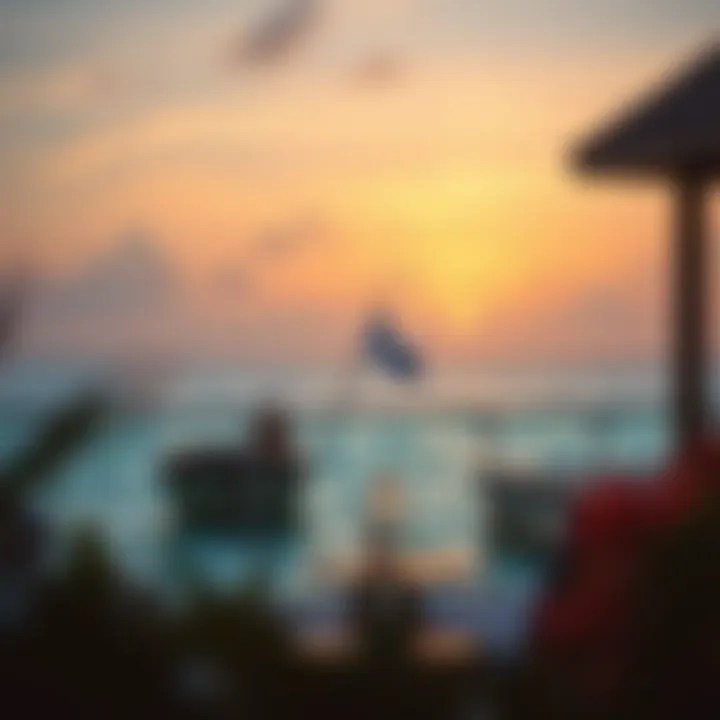 Serene sunset view from the terrace of a water villa overlooking the ocean.