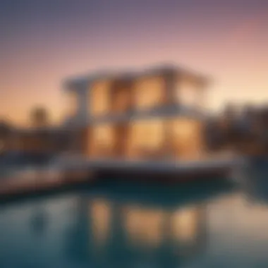 Floating Seahorse House in Dubai's skyline at sunset