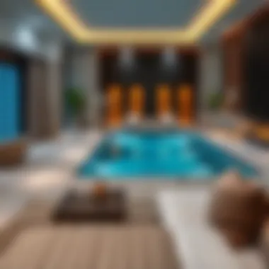 Modern hotel suite featuring a private pool and stylish decor