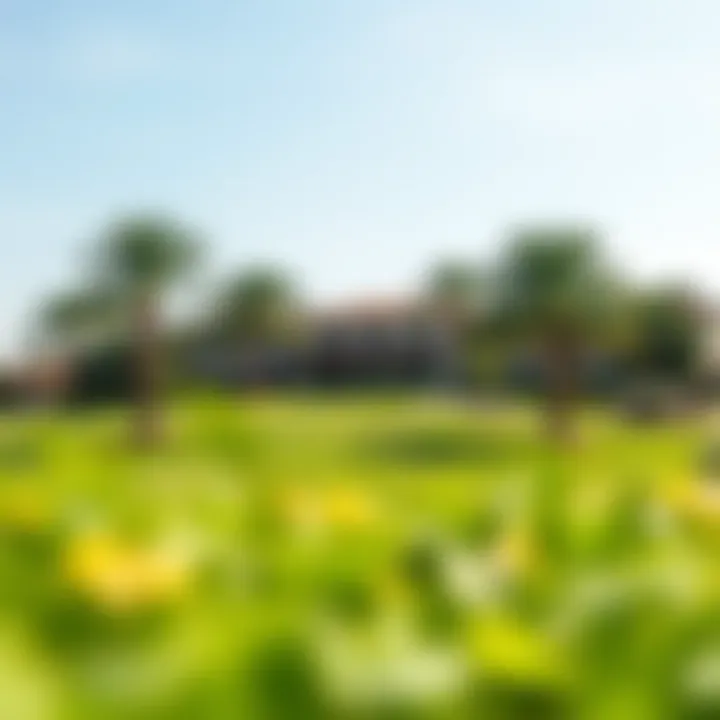 Vibrant greens of the golf course at Jumeirah Golf Estates under the clear blue sky