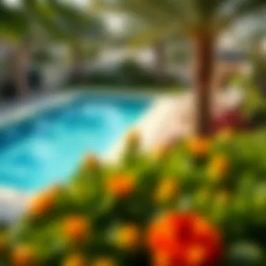 Resort-Style Pool Area Luxurious swimming pool surrounded by lush landscaping