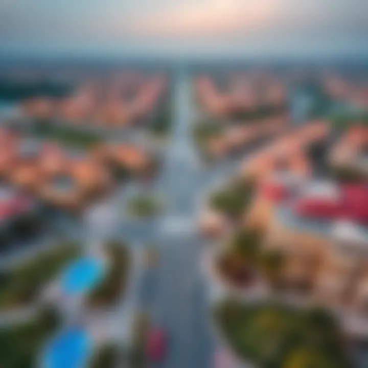 Aerial view of a vibrant neighborhood in Dubai with parks and amenities