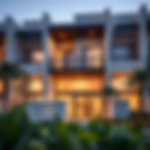Luxurious exterior view of Shamsa Townhouses showcasing modern architecture