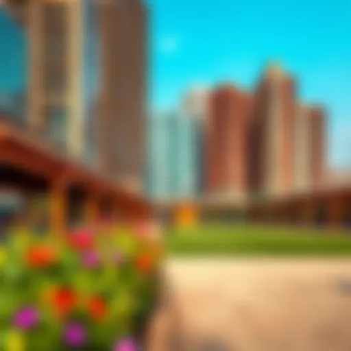 A vibrant urban equestrian facility nestled among skyscrapers