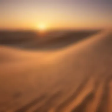 Golden waves of sand in the Dubai desert under a vibrant sunset