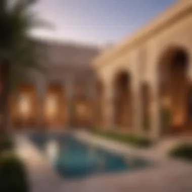 A stunning view of an Arabian courtyard at sunset, highlighting architectural beauty