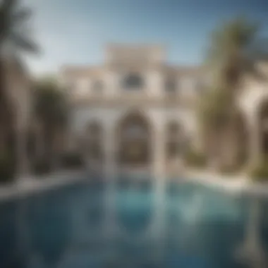 Luxurious Pool Area of the Mansion Glistening swimming pool area of the mansion reflecting luxury and leisure