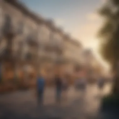 Bustling Lifestyle in Town Square A bustling Town Square featuring shops and dining