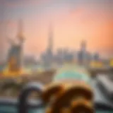 Elegant view of Dubai skyline with currency symbols