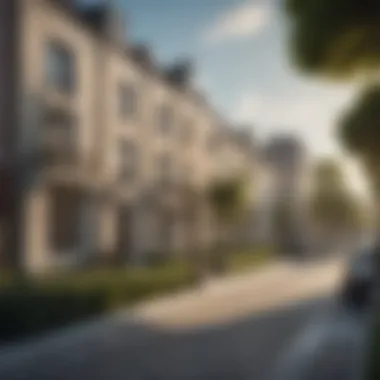 Elegant Townhouse Neighborhood Charming townhouse street view with landscaped surroundings
